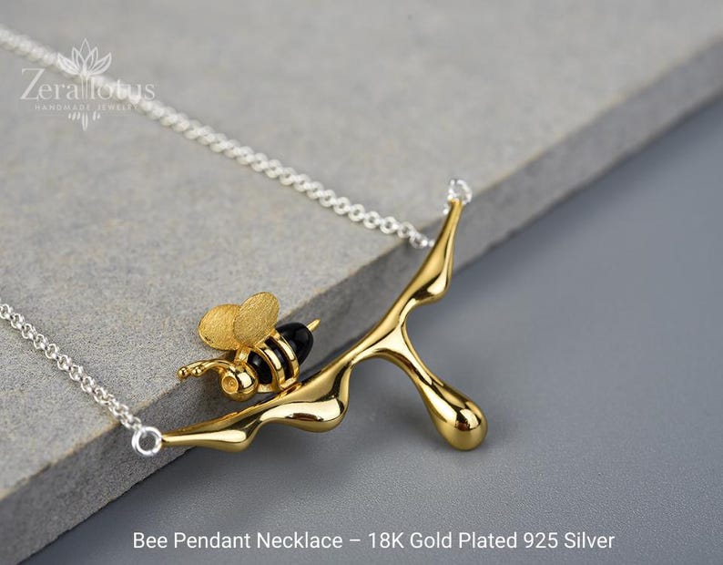 18K Gold Plated Bee Necklace: Sterling Silver Honeycomb Pendant