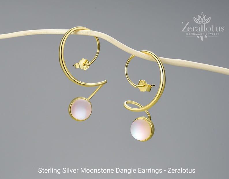 Moonstone Big Dangle Earrings, Real 925 Sterling Silver Fine Jewelry by Zeralotus