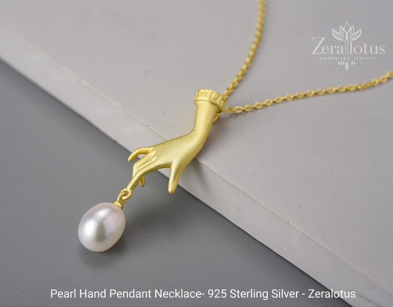 Pearl Hand Pendant Necklace, Real 925 Sterling Silver Luxury Jewelry by Zeralotus