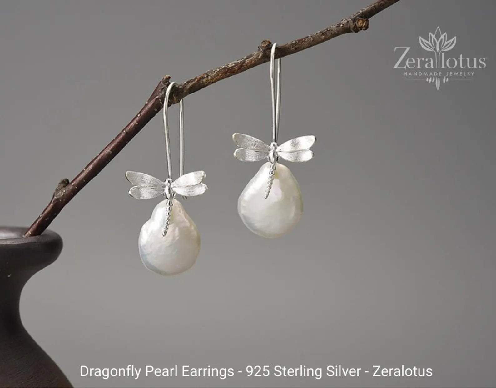Dragonfly Pearl Earrings, Real 925 Sterling Silver Fine Jewelry by Zeralotus
