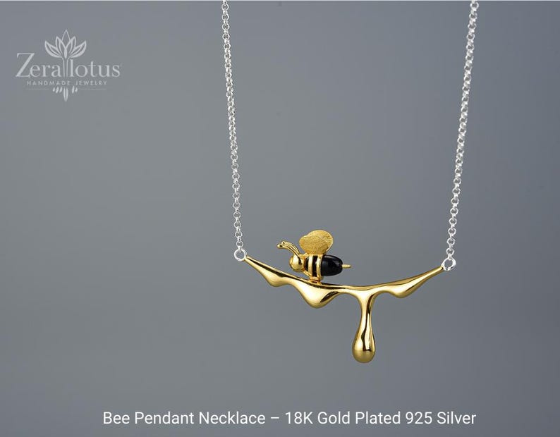 18K Gold Plated Bee Necklace: Sterling Silver Honeycomb Pendant