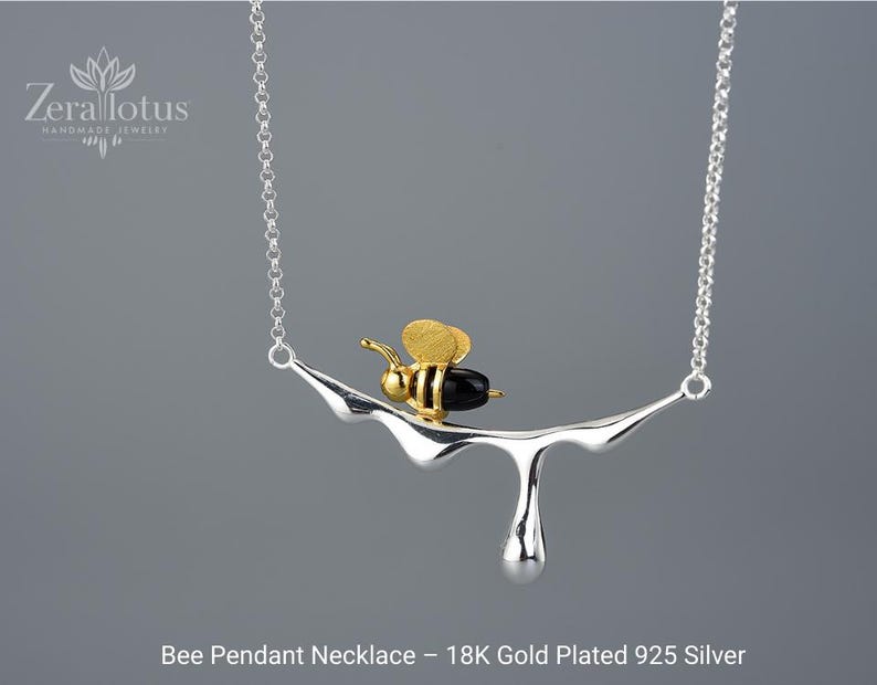 18K Gold Plated Bee Necklace: Sterling Silver Honeycomb Pendant