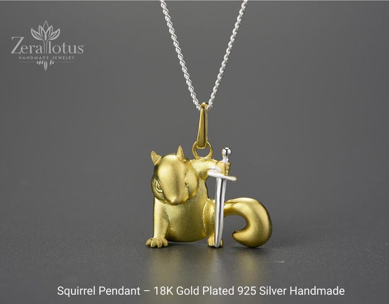 18K Gold Plated Squirrel Necklace: Sterling Silver Animal Pendant
