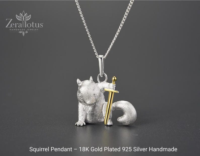 18K Gold Plated Squirrel Necklace: Sterling Silver Animal Pendant