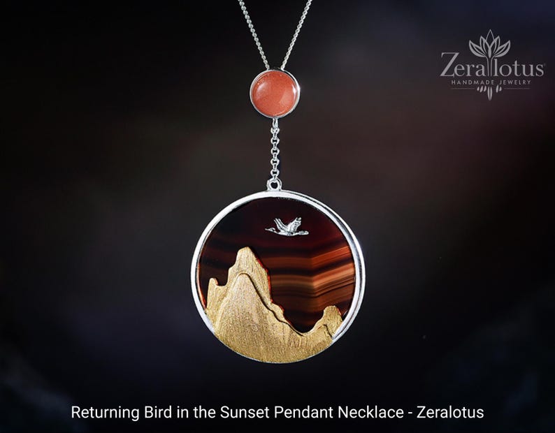 Agate Bird Pendant Necklace: Handmade Sterling Silver Sunset Jewelry