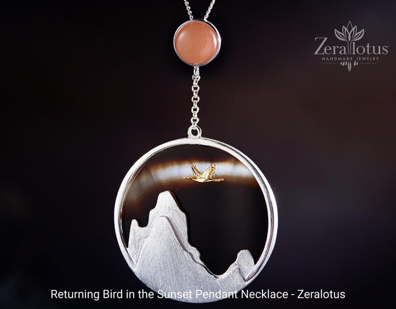 Agate Bird Pendant Necklace: Handmade Sterling Silver Sunset Jewelry