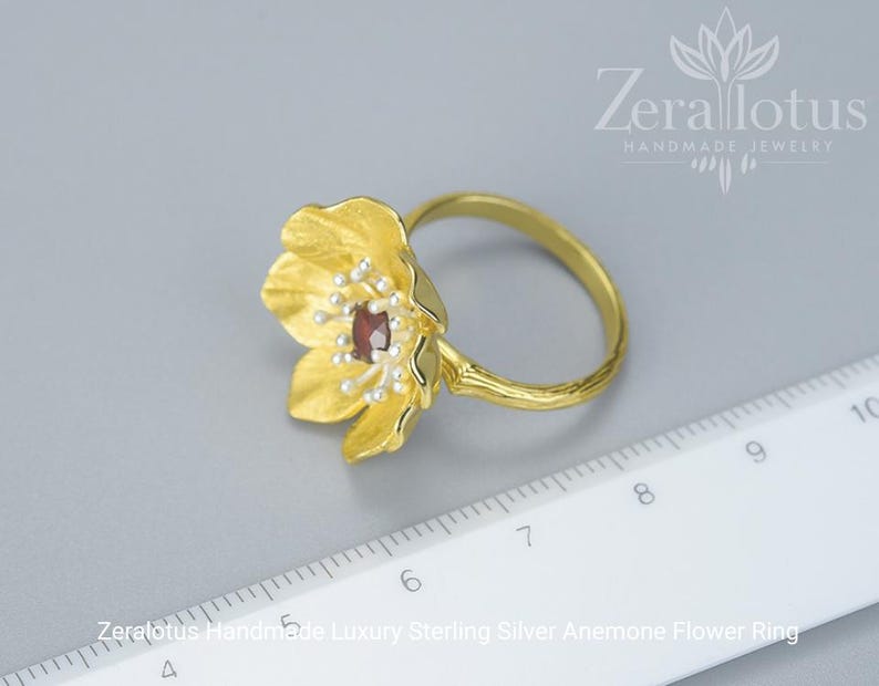 Anemone Flower Garnet Ring: Handmade 925 Sterling Silver Statement Jewelry