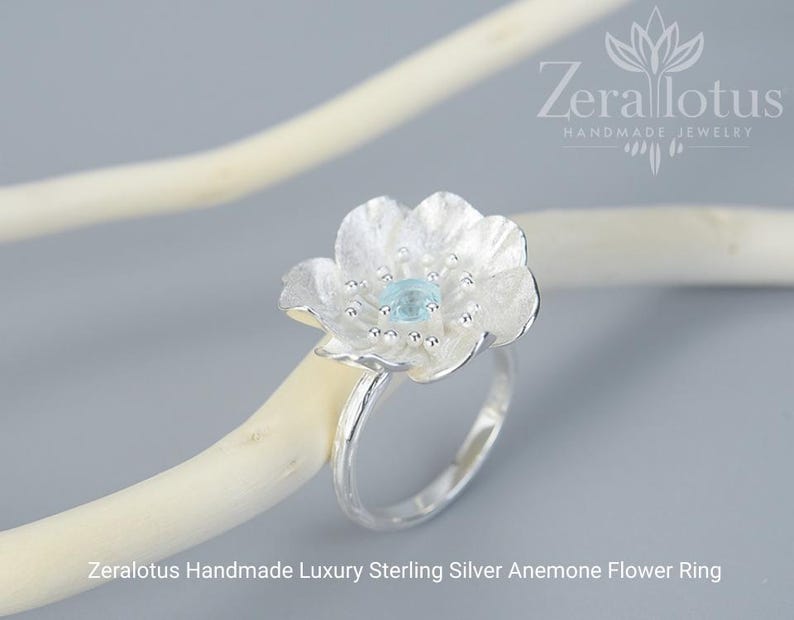 Anemone Flower Garnet Ring: Handmade 925 Sterling Silver Statement Jewelry