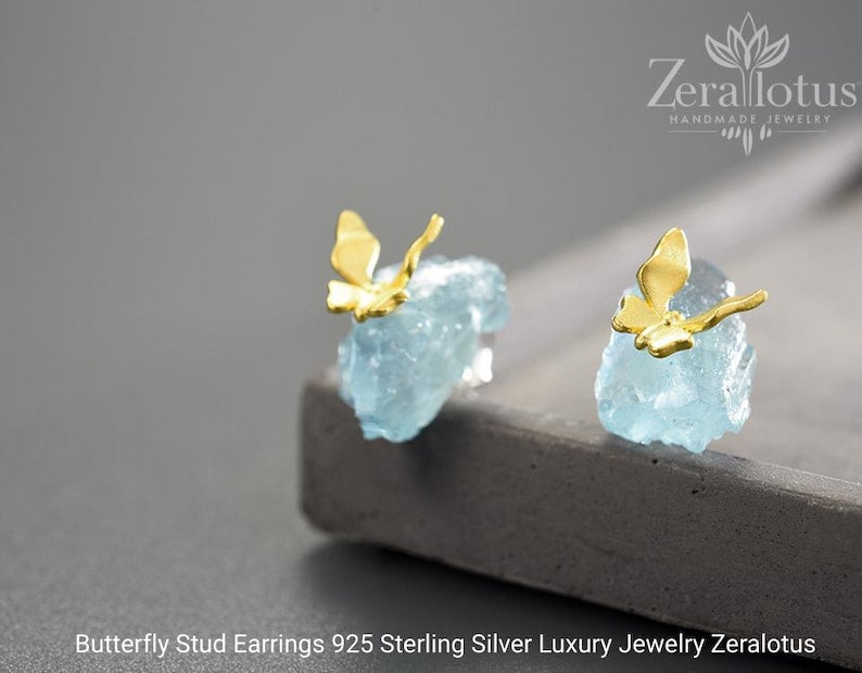 Aquamarine Butterfly Stud Earrings: 925 Sterling Silver Fine Jewelry