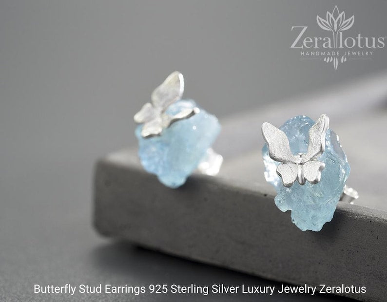 Aquamarine Butterfly Stud Earrings: 925 Sterling Silver Fine Jewelry