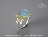 Aquamarine Flower Adjustable Ring, Handmade 925 Sterling Silver Fine Jewelry by Zeralotus