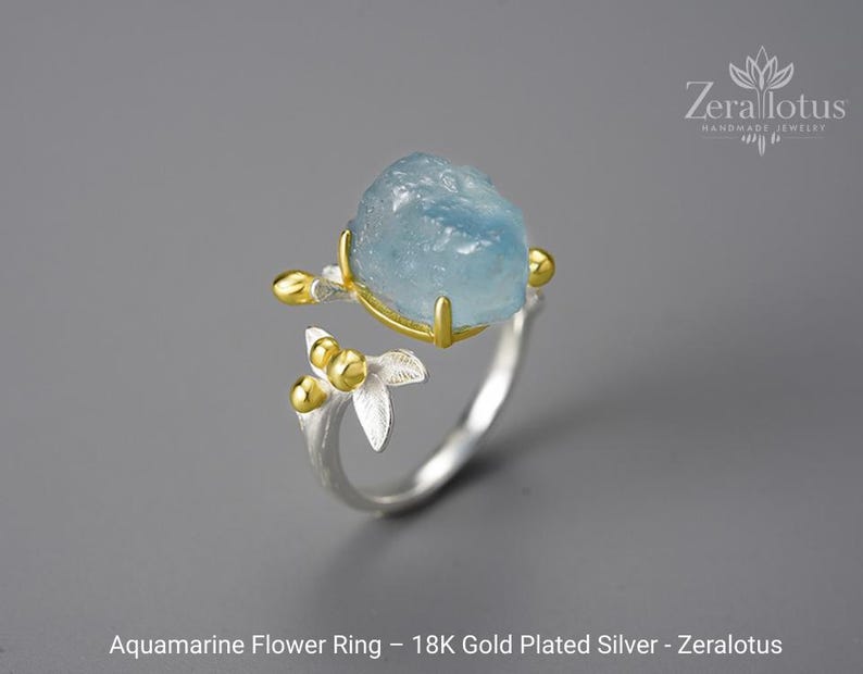 Aquamarine Flower Adjustable Ring, Handmade 925 Sterling Silver Fine Jewelry by Zeralotus