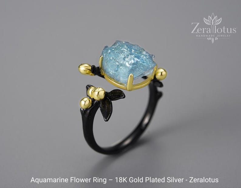 Aquamarine Flower Adjustable Ring, Handmade 925 Sterling Silver Fine Jewelry by Zeralotus