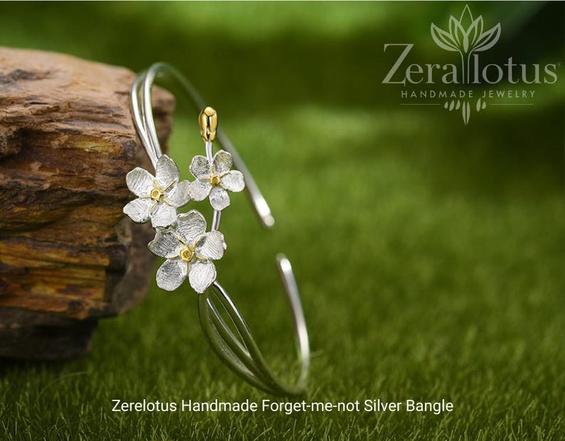 Forget-me-not Flower Bangle – Handmade 925 Sterling Silver Adjustable Bracelet, Women’s Fine Jewelry by Zeralotus