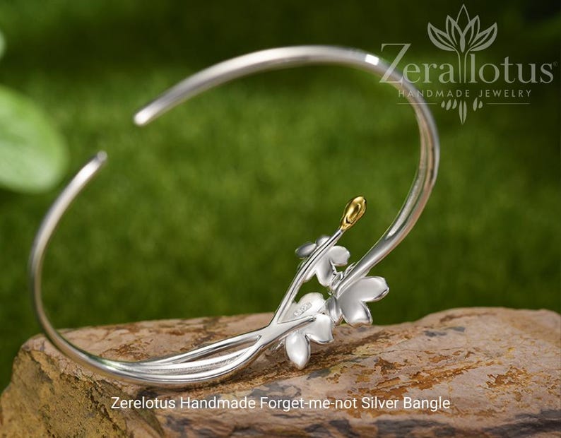 Forget-me-not Flower Bangle – Handmade 925 Sterling Silver Adjustable Bracelet, Women’s Fine Jewelry by Zeralotus