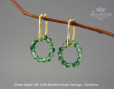 Green Agate Bamboo Hoop Earrings, Real 925 Sterling Silver Fine Jewelry by Zeralotus