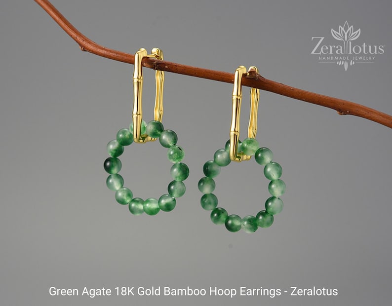 Green Agate Bamboo Hoop Earrings, Real 925 Sterling Silver Fine Jewelry by Zeralotus