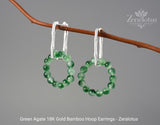 Green Agate Bamboo Hoop Earrings, Real 925 Sterling Silver Fine Jewelry by Zeralotus