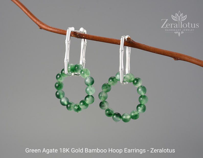 Green Agate Bamboo Hoop Earrings, Real 925 Sterling Silver Fine Jewelry by Zeralotus