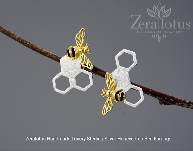 Honeycomb Bee Stud Earrings: 18K Gold Plated Sterling Silver Jewelry