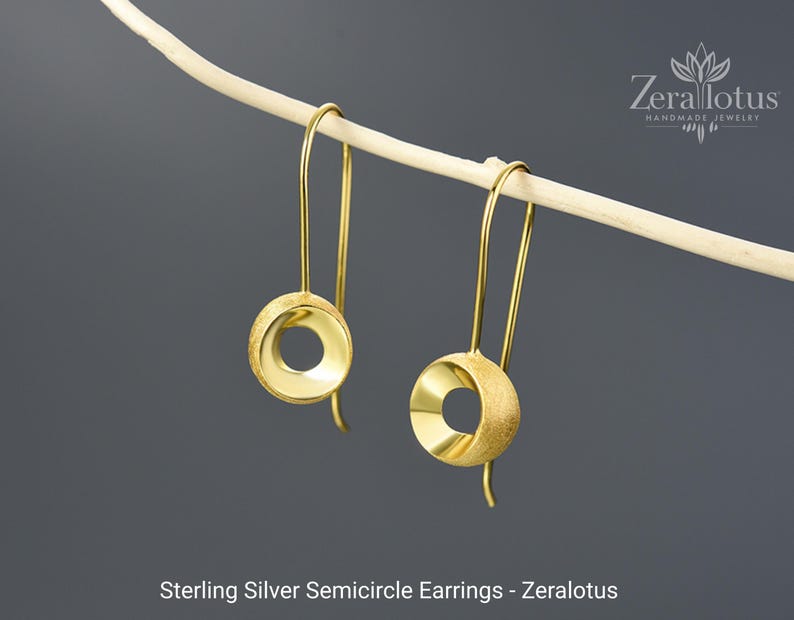 Minimalist Semicircle Dangle Earrings, Real 925 Sterling Silver Fine Jewelry by Zeralotus