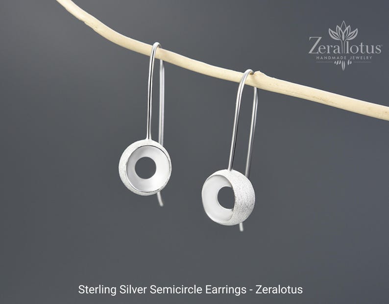 Minimalist Semicircle Dangle Earrings, Real 925 Sterling Silver Fine Jewelry by Zeralotus