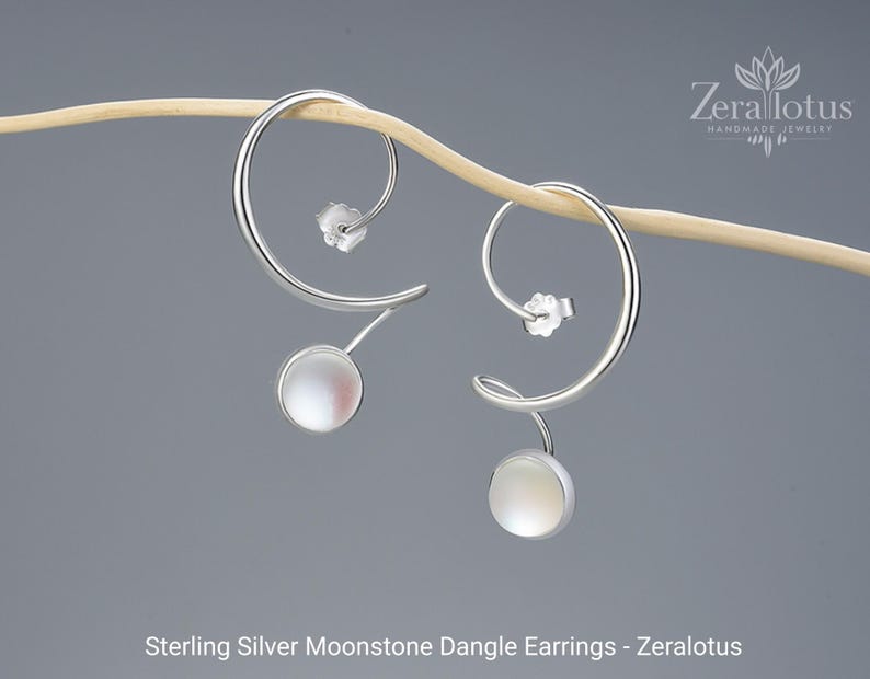 Moonstone Big Dangle Earrings, Real 925 Sterling Silver Fine Jewelry by Zeralotus