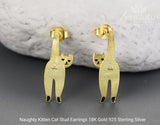 Naughty Kitten Cat Stud Earrings, 18K Gold Plated 925 Sterling Silver, Handmade Women’s Gift Jewelry – Zeralotus