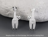 Naughty Kitten Cat Stud Earrings, 18K Gold Plated 925 Sterling Silver, Handmade Women’s Gift Jewelry – Zeralotus