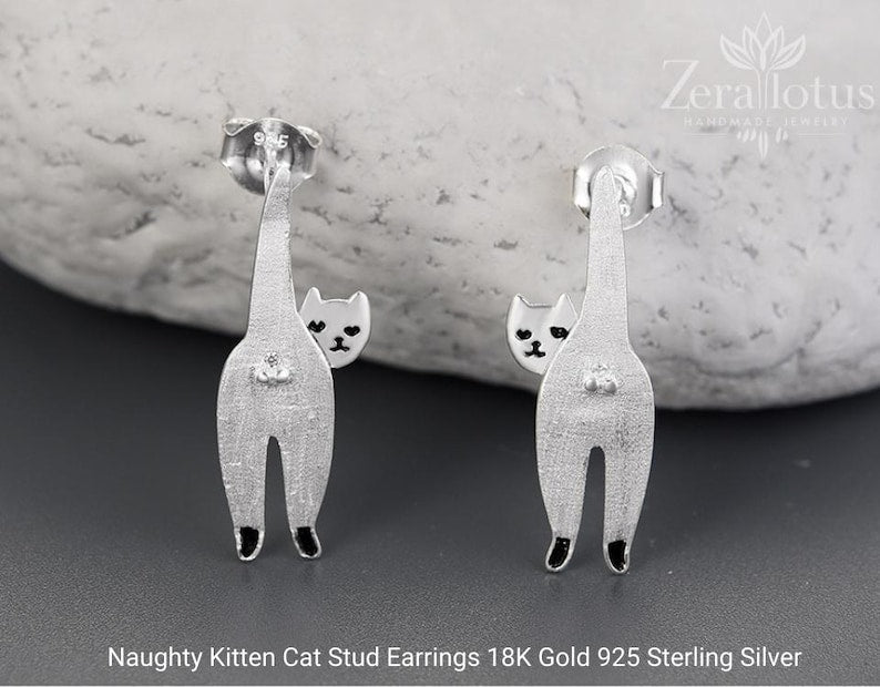 Naughty Kitten Cat Stud Earrings, 18K Gold Plated 925 Sterling Silver, Handmade Women’s Gift Jewelry – Zeralotus