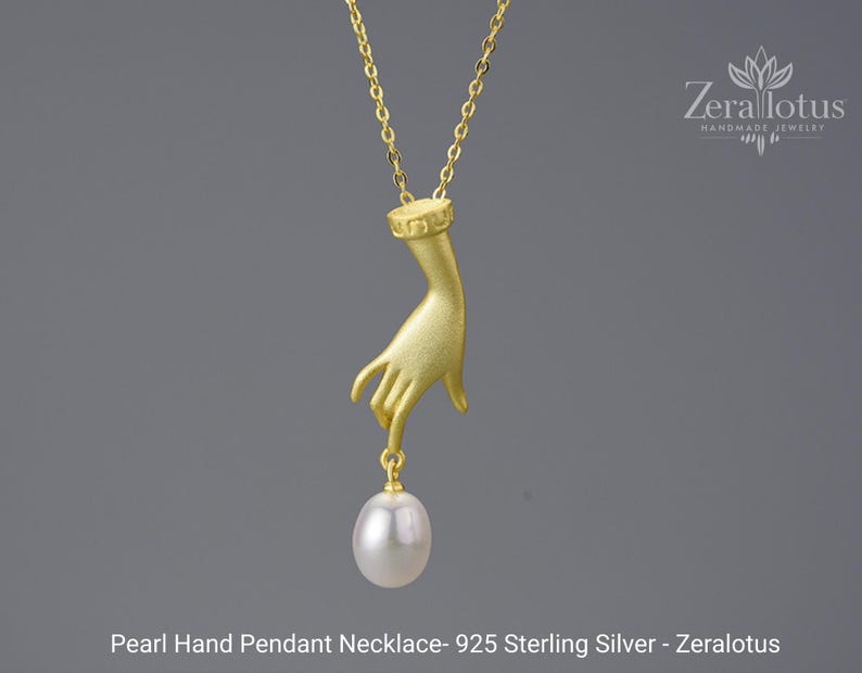 Pearl Hand Pendant Necklace, Real 925 Sterling Silver Luxury Jewelry by Zeralotus