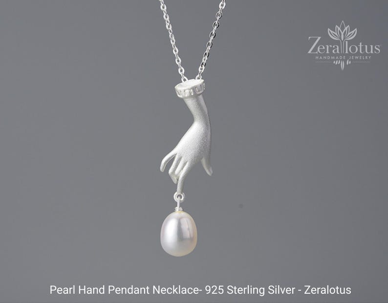 Pearl Hand Pendant Necklace, Real 925 Sterling Silver Luxury Jewelry by Zeralotus