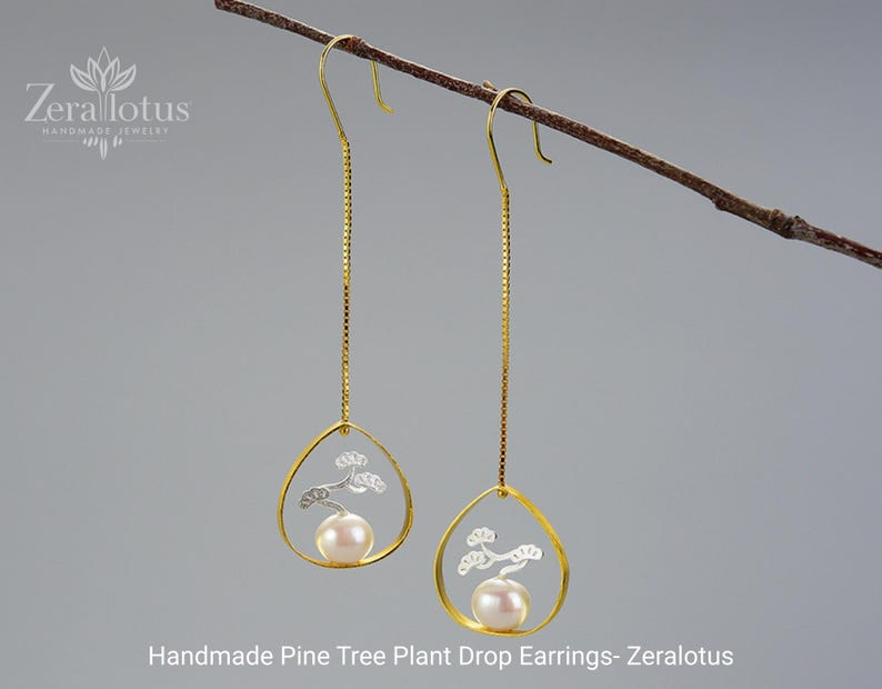 Pine Tree Pearl Drop Earrings: Handmade Sterling Silver Fine Jewelry
