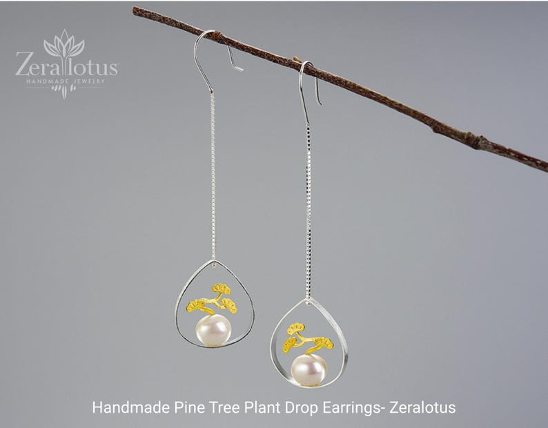 Pine Tree Pearl Drop Earrings: Handmade Sterling Silver Fine Jewelry