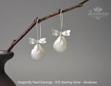 Dragonfly Pearl Earrings, Real 925 Sterling Silver Fine Jewelry by Zeralotus