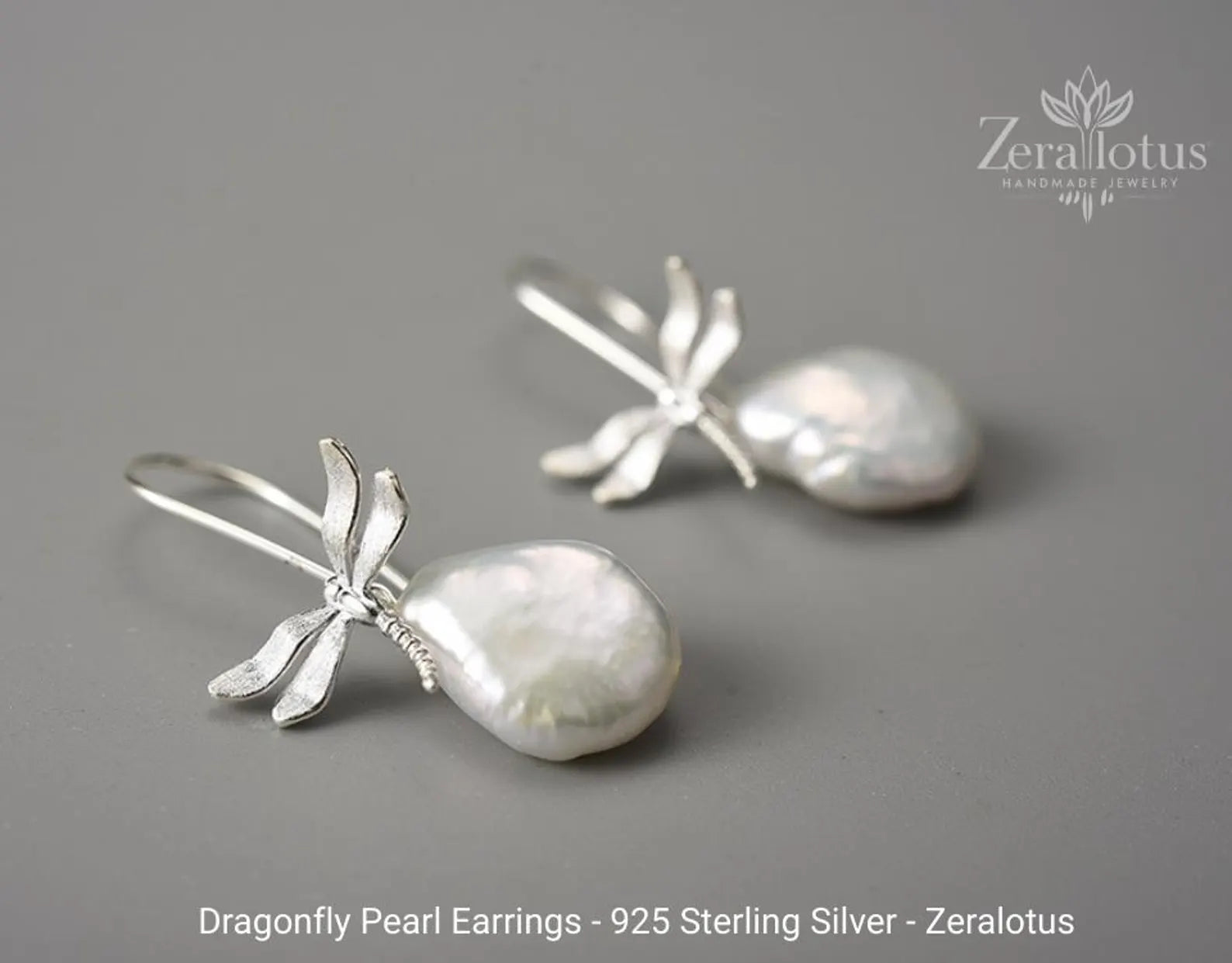 Dragonfly Pearl Earrings, Real 925 Sterling Silver Fine Jewelry by Zeralotus