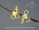 Honeycomb Bee Stud Earrings: 18K Gold Plated Sterling Silver Jewelry