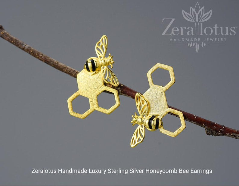 Honeycomb Bee Stud Earrings: 18K Gold Plated Sterling Silver Jewelry